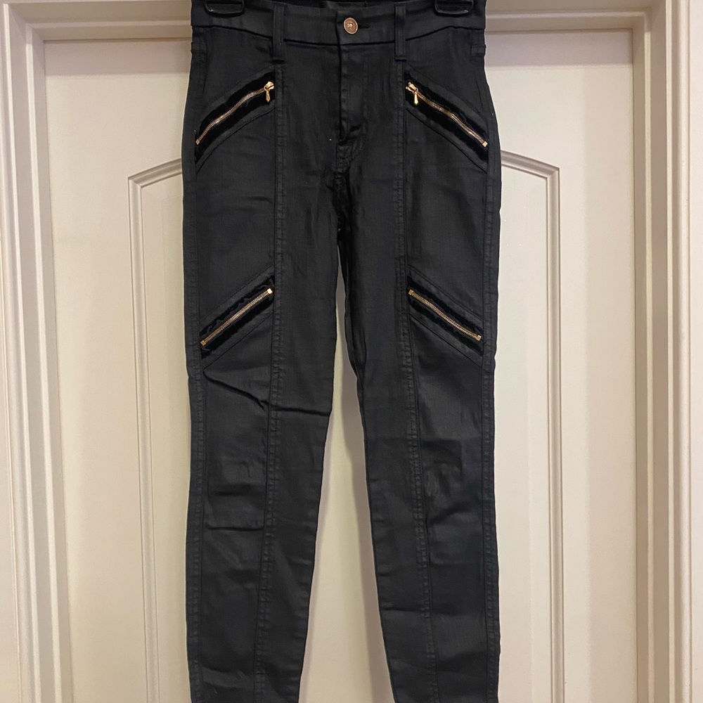 7 For All Mankind Black Coated 4-zipper moto Jeans size 25